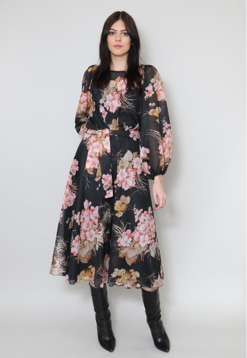 70's Vintage Folk Hippy Black Floral Long Sleeve Midi Dress
