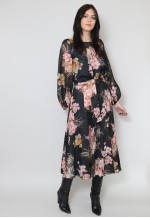 70's Vintage Folk Hippy Black Floral Long Sleeve Midi Dress