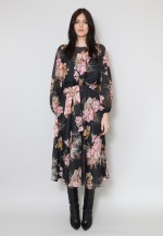 70's Vintage Folk Hippy Black Floral Long Sleeve Midi Dress