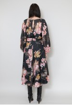70's Vintage Folk Hippy Black Floral Long Sleeve Midi Dress