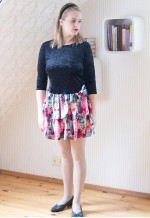 Velour black top and floral skirt dress